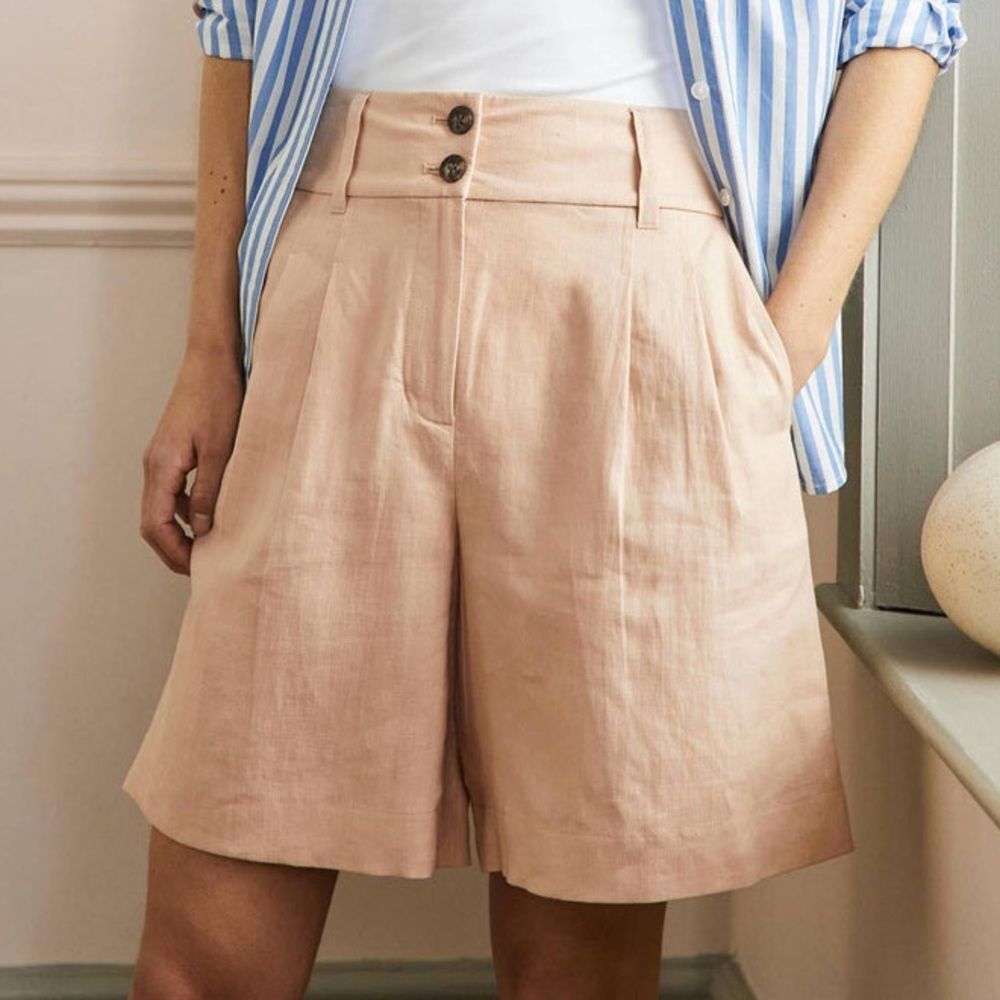 NWT Boden Linen Pleat Shorts Frappe Beige Size US 16/18 UK 20 High Rise Classic